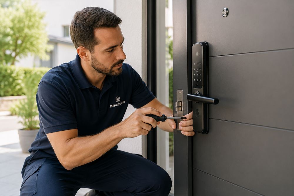 Cerrajero instalando una cerradura en una puerta de entrada