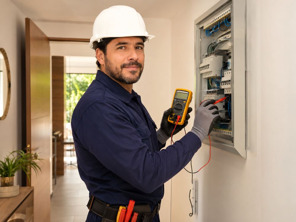 Electricista revisando un cuadro eléctrico con un polímetro