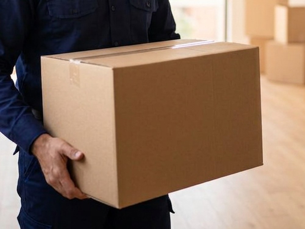 Profesional de mudanzas cargando una caja de cartón
