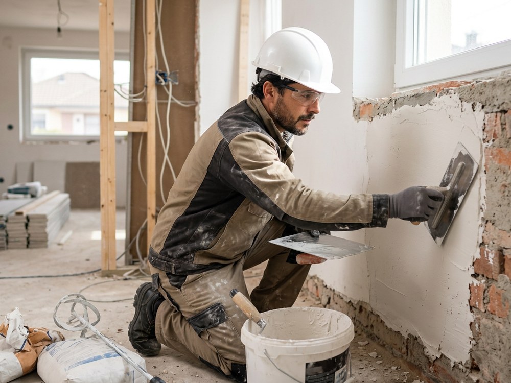 Profesional de reformas aplicando yeso en una pared con llana